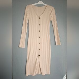 Cream Ribbed Button Midi Dress